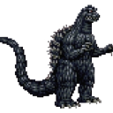 A pixelated black monster with large dorsal fins standing in a side profile.