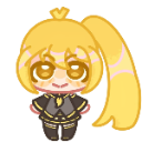 Chibi anime girl with bright yellow hair and a confident smile.