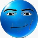 Blue sphere with a smug Roblox man face expression.