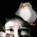 Skipper the penguin looking down with a smug expression above a distorted, panicked human face.