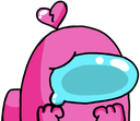 Pink Among Us crewmate looking sad with a broken heart icon above its head.