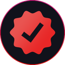 Checkmark inside a red serrated badge shape on a dark circular background.