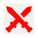 Two crossed red swords in a pixel art style against a black background.