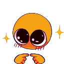 An orange circular character with large, glossy eyes and hands pressed together in a shy, pleading gesture.