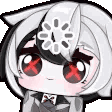Arlecchino from Genshin Impact in a chibi style with a loading icon above her head and X-shaped eyes.