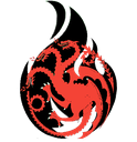 Three-headed dragon emblem in red centered inside a black flame-shaped border.
