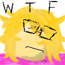 A person with messy yellow hair and glasses looking confused with the letters WTF written above their head.