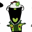 Cartoon character with a massive open mouth and green tongue screaming.