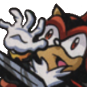 A black and red hedgehog character with wide eyes and a hand raised in a startled, defensive gesture.