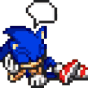 A blue hedgehog lying down on the ground with a speech bubble floating above his head.