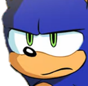 Blue hedgehog with a tan muzzle and green eyes looking suspicious and annoyed.