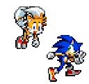 Sonic the Hedgehog running alongside Tails who is flying with his two tails spinning.
