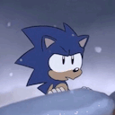 A blue hedgehog with large eyes looks around suspiciously in a snowy environment.