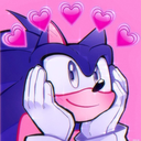 A blue hedgehog character resting his chin on his hands with a dreamy smile and pink hearts floating above his head.
