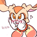 A cute anthropomorphic rabbit with orange fur and large eyes blushing while holding its hands to its cheeks in confusion.