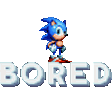 A blue hedgehog stands on top of the repeated text BORED in a pixelated style.