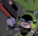Surge the Tenrec with a smug expression holding a large futuristic blaster weapon.