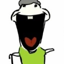 A crudely drawn character with a massive, dark, open mouth and a green shirt.