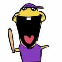 A yellow cartoon character with a wide open mouth and a purple shirt holding a baseball bat.