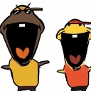 Two cartoon characters with wide open mouths laughing hysterically.