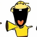A yellow cartoon character with a wide open mouth holding a megaphone.