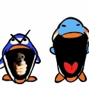 Two blue cartoon creatures with massive open mouths, one holding a handgun inside its mouth while the other has a red hear...