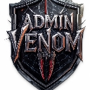 Shield emblem with sharp metallic text reading Admin Venom in a dark, gothic style.