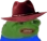 Green frog character wearing a red cowboy hat with a strained, uncomfortable expression.
