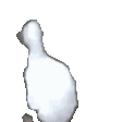 Four white ducks in a row walking in a waddling motion.