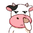A cartoon cow with a bored expression picking its nose with a hoof.