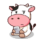 A cartoon cow with black and white spots and a pink snout sitting and looking at a smartphone with a bored, judgmental exp...