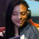 A woman and a man's faces are split down the middle, both wearing a subtle, knowing smirk.