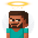 Steve from Minecraft wearing a golden halo and white wings with a smug, mischievous expression.
