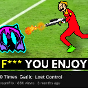 A cartoon character in a red suit fires a gun at a purple glowing ghost on a green field.