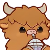 A fluffy brown highland cow with horns drinking a purple boba tea through a straw.