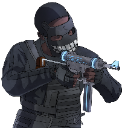 A soldier in a black tactical uniform and skull mask aims a futuristic weapon.