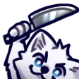 A white cartoon wolf holding a silver kitchen knife with a mischievous expression.