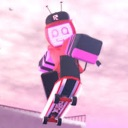 Veeronica character with a television head performing a skateboard trick against a pink sky.