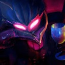 A dark vampire character with glowing pink eyes holding a glass of wine.