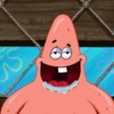 Patrick Star with a wide, goofy, toothy grin and heavy-lidded eyes.