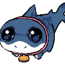 A tiny blue shark with giant, watery eyes and a pink collar looking up.