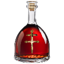 D'Ussé cognac bottle with a gold cross emblem against a black background.