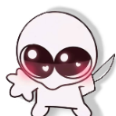 A white chibi character with large heart-filled eyes and a blushing face holding a knife behind its back.