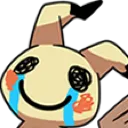 Mimikyu character with a wide black stitched smile and bright blue tears streaming down its face.