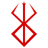 A red, angular, symmetrical sigil symbol centered on a solid black background.