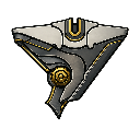Metallic shield emblem with angular design and a red accent stripe.