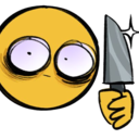 Yellow smiley face with wide, manic eyes holding a sharp kitchen knife.