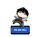 A chibi character floats with eyes closed above a blue box that says YOU HAVE DIED.