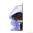 Anime character with dark hair wearing a white cloak peeking from behind a wall.