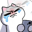 A stylized gray cat with a stressed expression and blue tears holding a smartphone.
